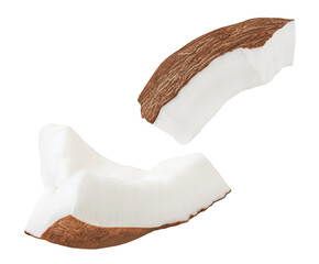 Isolated Coconut pieces falling on white background. Flying Coconut broken pieces. Coco nut chunks  Top view. Flat lay. Package design elements..