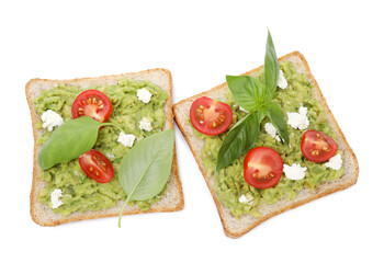 Delicious sandwiches with avocado, tomatoes, basil and cheese isolated on white, top view