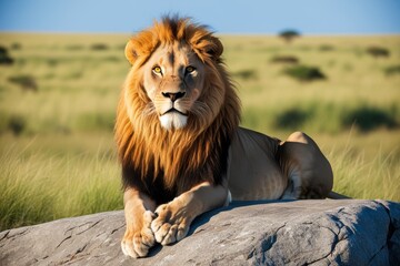 Obraz premium majestic male lion with golden mane and yellow eyes sits on granite rock, warm sunlight, lush green savannah grasses, blue sky
