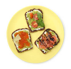 Different delicious avocado sandwiches isolated on white, top view