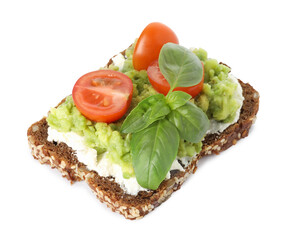 Delicious sandwich with avocado, cream cheese, tomatoes and basil isolated on white