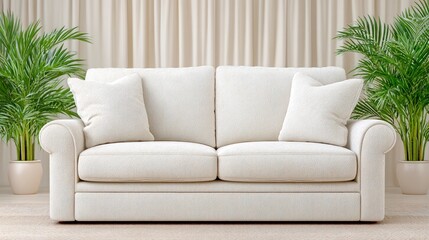 Modern Minimalist Living Room Sofa  Neutral Decor  Indoor Plants