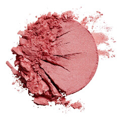 A broken blush compact with pink powder scattered around. transparent background