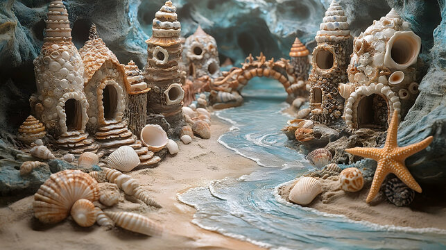 A seashell city nestled within a sandy cove.