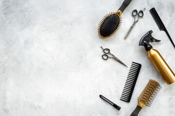 Beauty concept. Hairdresser and barber accessories and tools, top view