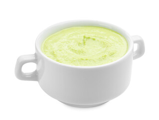 Tasty pea cream soup isolated on white