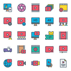 Filled outline icons set for Movie multimedia