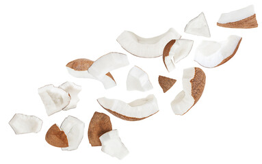 Isolated Coconut pieces falling on white background. Coconut explosion with broken pieces, Top view. Flat lay. Pattern .