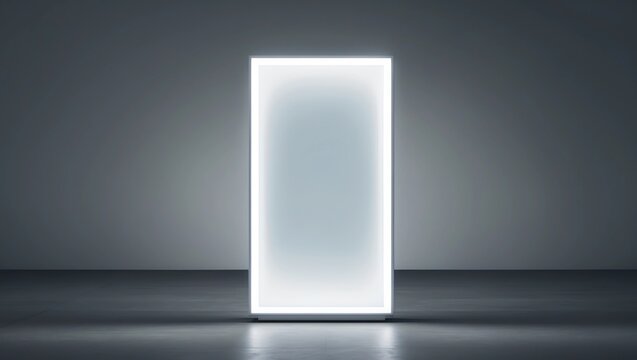 Blank white glowing pylon mockup, isolated in darkness, 3d rendering. Empty luminous advertising panel mock up. Clear street banner front view. Outdoor sign poster tempalate 