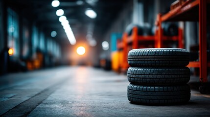 Inside Auto Shop with New Tires and Dimly Lit Background for Repair Service and Maintenance Operations