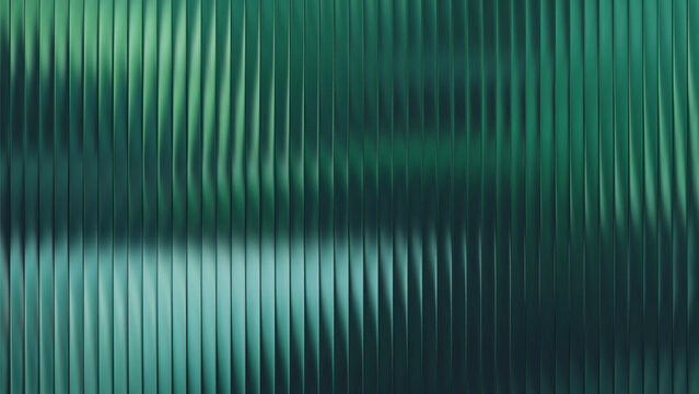 Dark green ribbed glass texture with glossy vertical waves. Frosted ribbed background with gradient effect. 3D lines and light create vertical premium corrugated reed metal and fluted waves.