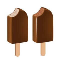 Ice cream stick. Chocolate and cream ice cream in chocolate glaze. Vector 3d illustration isolated on white background.