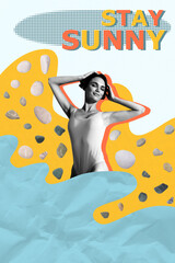 Pop image sketch 3d collage poster of happy sexy girl swim seacoast water shell rock weekend vacation stay sunny summer season