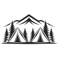 Fototapeta premium Monochrome Camping Scene with Tents, Evergreen Trees and Mountain Silhouette on a White Background 