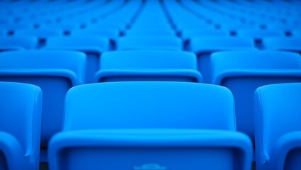 Naklejka premium Empty blue stadium seats stretch towards a distant horizon, creating a captivating visual of quiet anticipation before a thrilling event.
