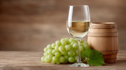 Obraz premium White Wine Still Life Grapes Glass Barrel Wooden Table