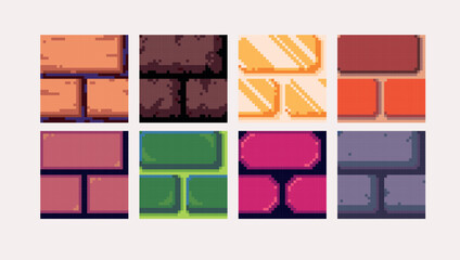 Stone castle bricks pixel art square blocks. Brickwork wall 8 bit platform tiles. Game development, mobile app template. Texture grid vector illustration.