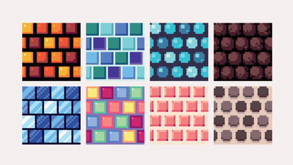  Mosaic crystal and gems pixel art square blocks. Abstract geometric seamless pattern textures 8 bit platform tiles. Game development, mobile app template. Texture grid vector illustration.