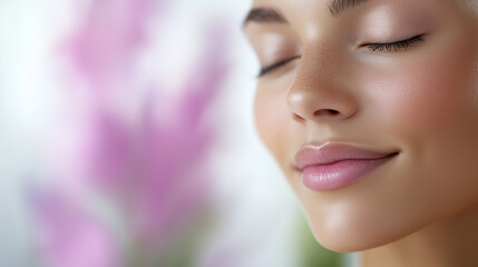 Sensual Woman with Closed Eyes Smelling Pink Flower in Studio, Nude Makeup and Care, Beauty, Spa, Wellness and Aromatherapy Concept with Copy Space, Minimalist Natural Skincare, Fragrance Ad.