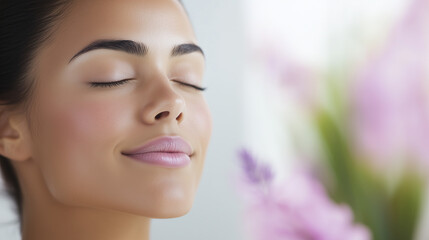 Sensual Woman with Closed Eyes Smelling Pink Flower in Studio, Nude Makeup and Care, Beauty, Spa, Wellness and Aromatherapy Concept with Copy Space, Minimalist Natural Skincare, Fragrance Ad.