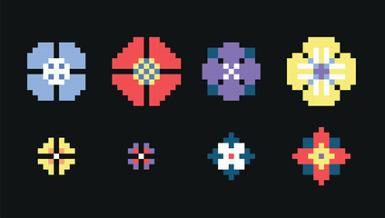 Colorful flowers pixel art set. Floweret, floret collection. 8 bit sprite. Game development, mobile app. Isolated vector illustration.	
