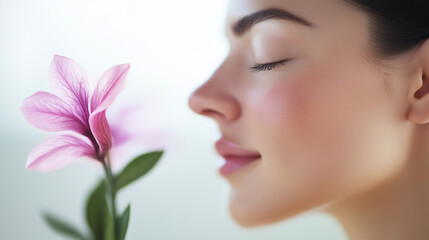 Sensual Woman with Closed Eyes Smelling Pink Flower in Studio, Nude Makeup and Care, Beauty, Spa, Wellness and Aromatherapy Concept with Copy Space, Minimalist Natural Skincare, Fragrance Ad.