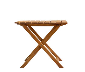 Wooden foldable table with slatted top and crossed legs for outdoor and indoor use