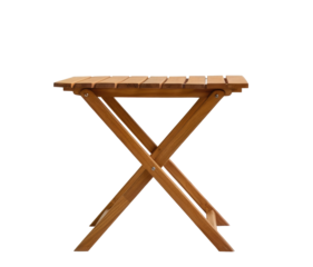 Wooden foldable table with slatted top and crossed legs for outdoor and indoor use