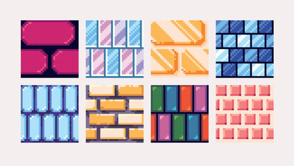  Mosaic crystal and gems pixel art square blocks. Abstract geometric seamless pattern textures 8 bit platform tiles. Game development, mobile app template. Texture grid vector illustration.