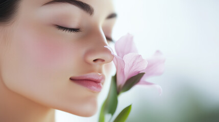 Sensual Woman with Closed Eyes Smelling Pink Flower in Studio, Nude Makeup and Care, Beauty, Spa, Wellness and Aromatherapy Concept with Copy Space, Minimalist Natural Skincare, Fragrance Ad.