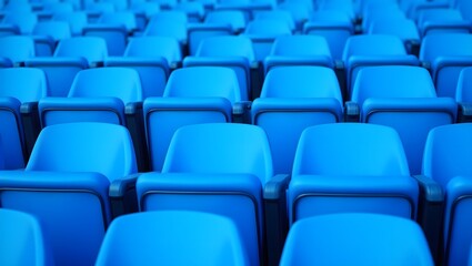 Naklejka premium Rows of vibrant blue stadium seats await spectators, a sea of empty plastic chairs promising thrilling moments and shared experiences.
