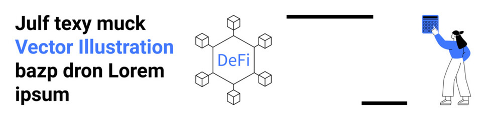 Blockchain diagram labeled DeFi connected to cubes, alongside a person holding a book. Ideal for technology, blockchain education, innovation, cryptocurrency, fintech, data visualization, simple