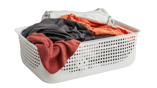 Laundry basket filled with colorful clothes ready for washing at home in a clean environment