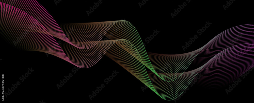 Poster this image features a colorful wave pattern with flowing lines on a dark background. it captures a m