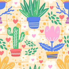 Seamless vector pattern with hand-drawn flower, cactuses, succulent, and abstract foliage. Scandinavian and boho flat design, perfect for kids textiles, wallpaper, or wrapping paper