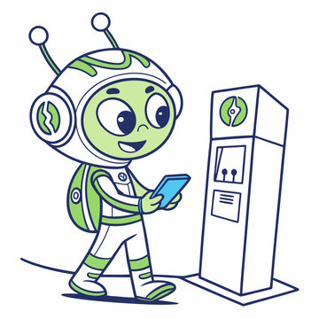 Cute Green Alien Using a Tablet Near a Charging Station Illustration
