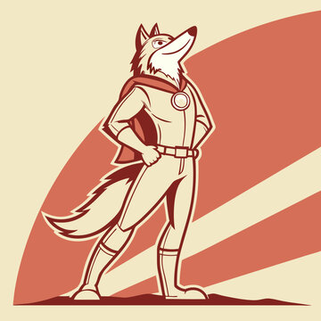 Cartoon Superhero Wolf Character with Cape and Retro Background Illustration