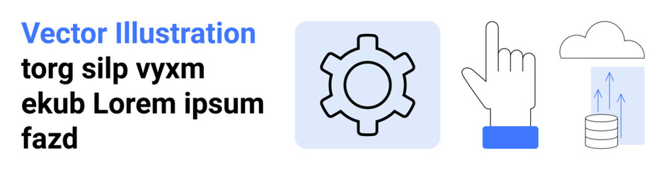 Gear symbolizing settings, hand pointing for interaction, cloud with arrows for storage, database. Ideal for tech, automation, development, data storage, UX cloud solutions simple landing page