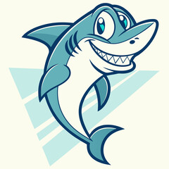 Naklejka premium Cartoon Shark with a Big Grin and Triangular Background Element