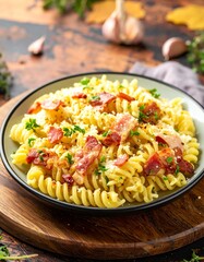 Bacon Pasta with grated parmesan cheese. Homemade spaghetti pasta on gray concrete background, copy space. Seasonal autumn food. 