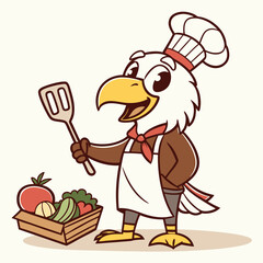 Cartoon Eagle Chef with Spatula and Basket of Fresh Vegetables