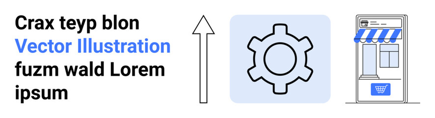 Gear and arrow with a storefront evoke e-commerce, technology, growth, optimization, business, digital marketplace, and development. Ideal for online business, marketing technology simple landing