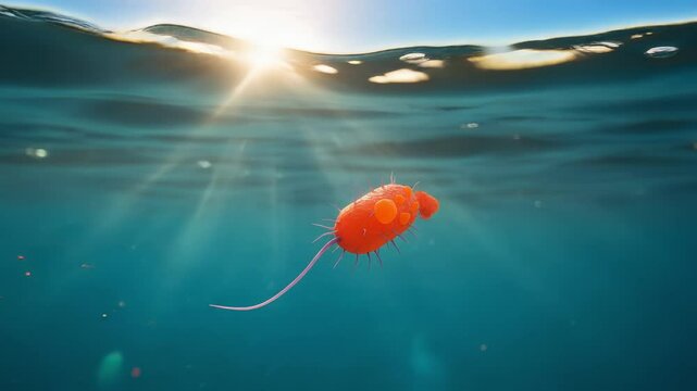 Microplastic-eating bacteria. Microscopic view of engineered bacteria breaking down plastic particles in seawater. A Revolution in Ocean Conservation
