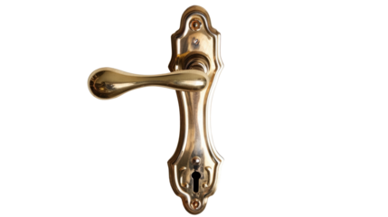 Decorative brass door handle with intricate design against transparent background
