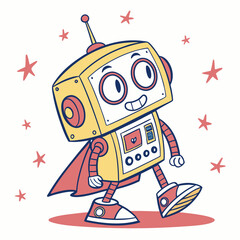 Cheerful Cartoon Robot with Cape Striding Among Stars on a White Background