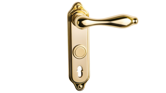 Elegant gold door handle with round lock on a transparent background for interior design and renovation projects