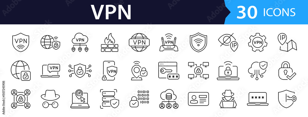 Aufkleber VPN Web Icon Set in Line Style. Collection of Internet security Linear Icons, Including privacy, proxy, firewall, online protection, cybersecurity, privacy, secure connection and more. Editable Stroke