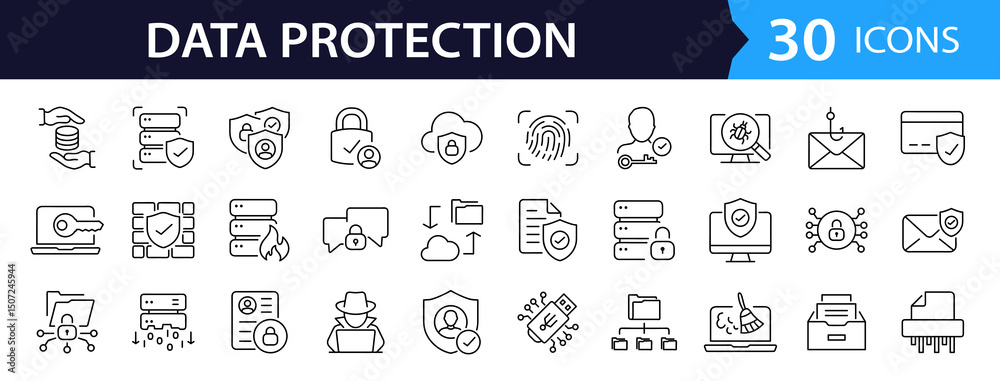 Fototapete data protection web icon set in line style. collection of cyber security linear icons, including com