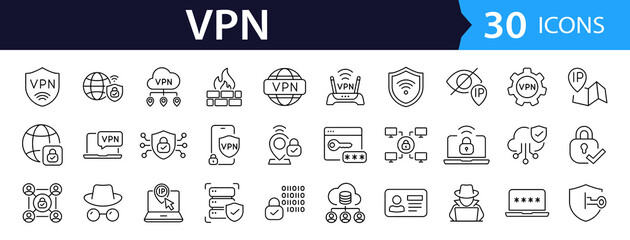 VPN Web Icon Set in Line Style. Collection of Internet security Linear Icons, Including privacy, proxy, firewall, online protection, cybersecurity, privacy, secure connection and more. Editable Stroke