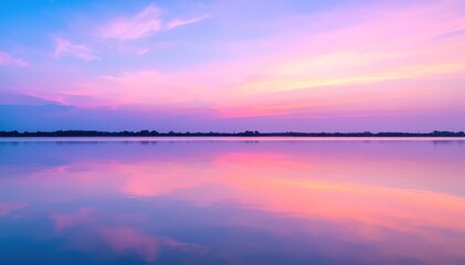 Obraz premium A stunning sunset casts vibrant hues of orange, pink, and purple across the sky, reflecting on the calm water's surface, creating a serene atmosphere.